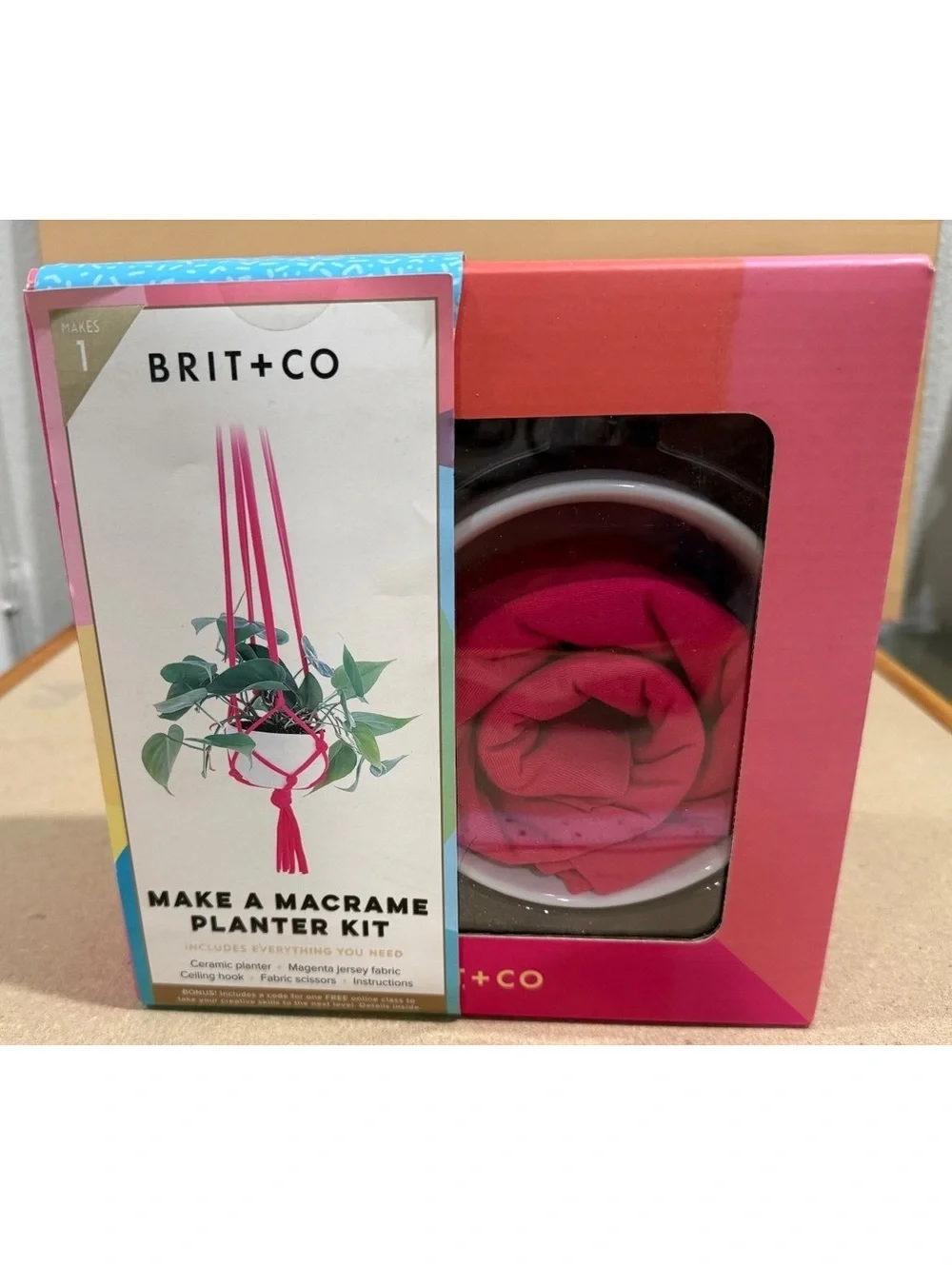 Brit+Co Make a Macrame Planter Kit with Ceramic Planter and Magenta Jersey